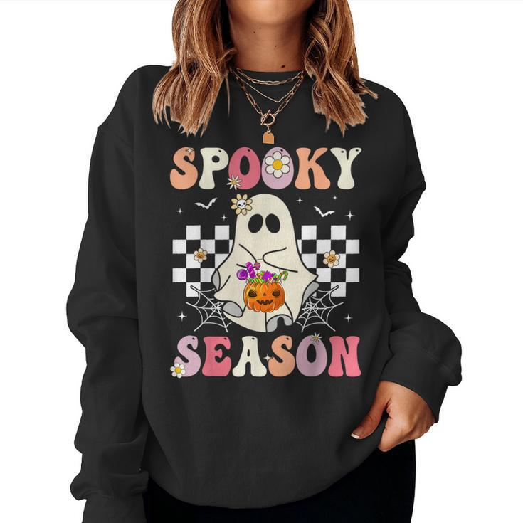 Groovy Spooky Season Retro Ghost Holding Pumpkin Halloween Women Sweatshirt