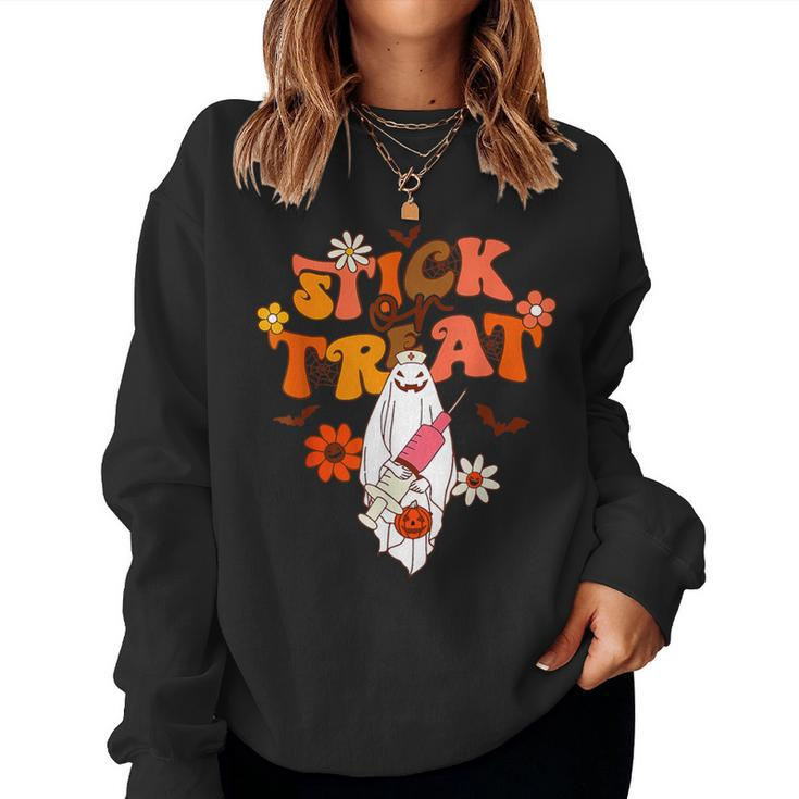 Groovy Stick Or Treat Er Tech Fall Autumn Nurse Halloween Women Sweatshirt