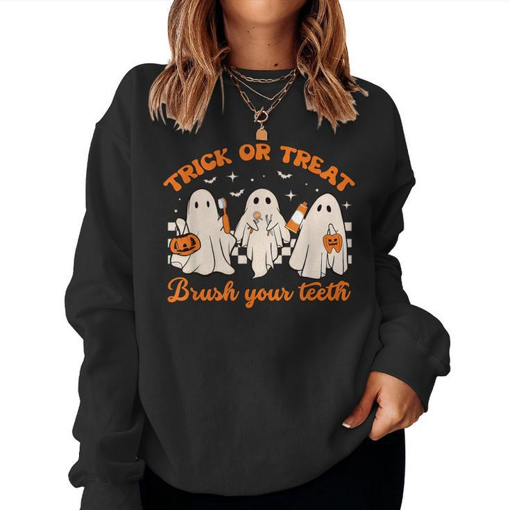 Groovy Trick Or Treat Brush Your Th Dental Halloween Women Sweatshirt