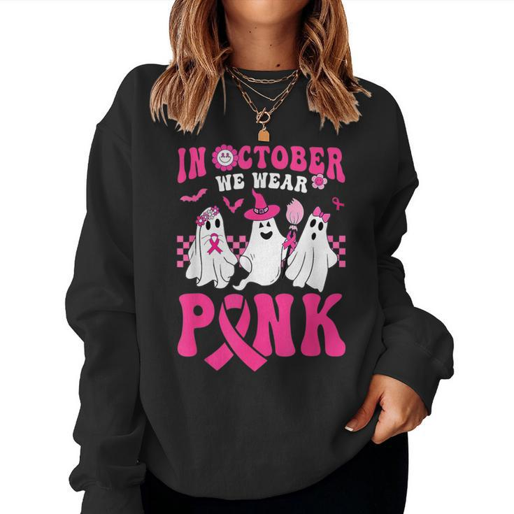 Groovy Wear Pink Breast Cancer Warrior Ghost Halloween Women Sweatshirt