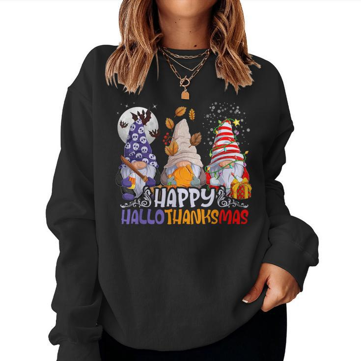 Hallothanksmas Gnomes Halloween Thanksgiving Christmas Happy Women Sweatshirt
