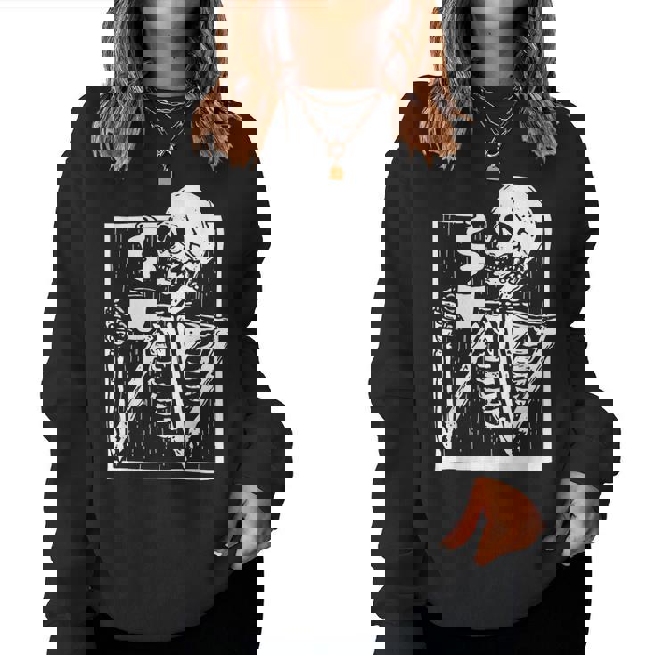 Halloween Coffee Drinking Skeleton Skull Women Sweatshirt