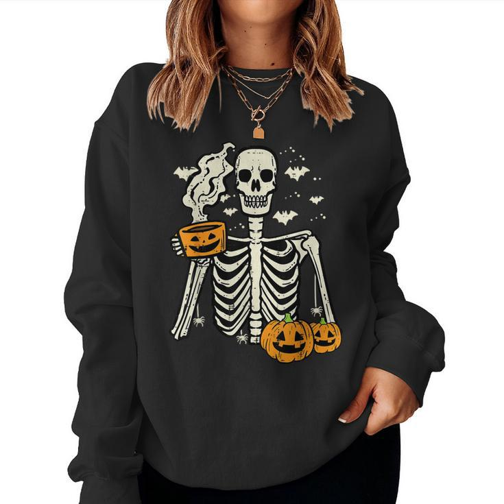 Halloween Skeleton Pumpkin Fall Coffee Fun Costume Women Sweatshirt
