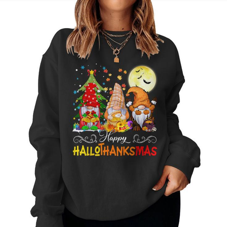 Halloween Thanksgiving Christmas Happy Hallothanksmas Gnomes Women Sweatshirt