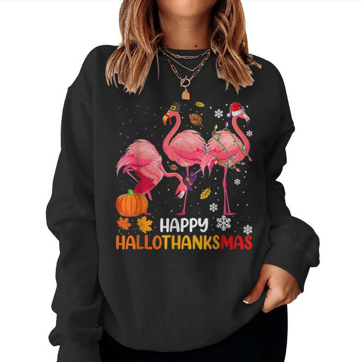Happy Hallothanksmas Flamingo Halloween Thanksgiving Women Sweatshirt