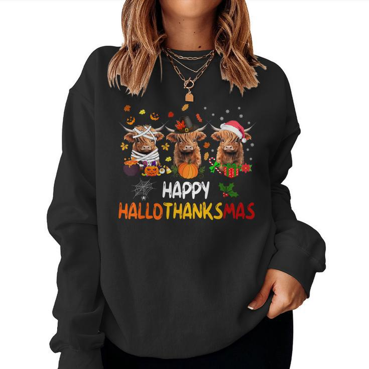 Happy Hallothanksmas Highland Cow Print Halloween Christmas Women Sweatshirt