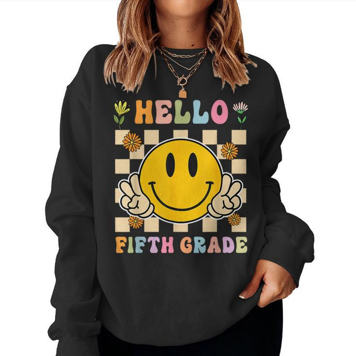 Hello 5Th Grade Hippie Smile Face Fifth Grade Back To School  Women Crewneck Graphic Sweatshirt
