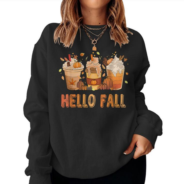 Hello Fall Latte Coffe Pumpkin Fall Y'all Leopard Peace Love Women Sweatshirt