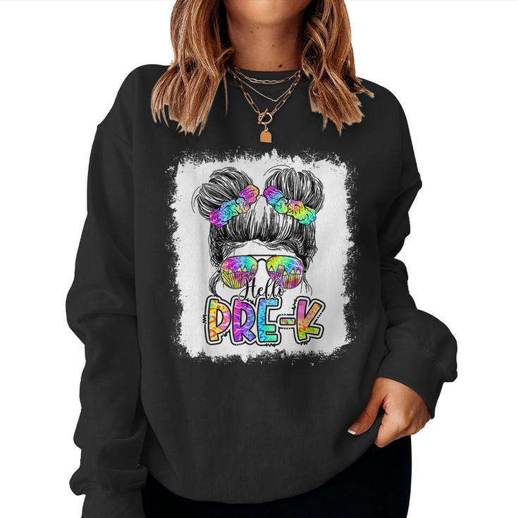 Hello Pre K Messy Bun Girls Tie Dye Cute Back To School  Women Crewneck Graphic Sweatshirt