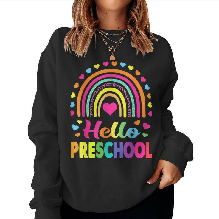 Hello Preschool Teacher Leopard Rainbow Back To School  Women Crewneck Graphic Sweatshirt