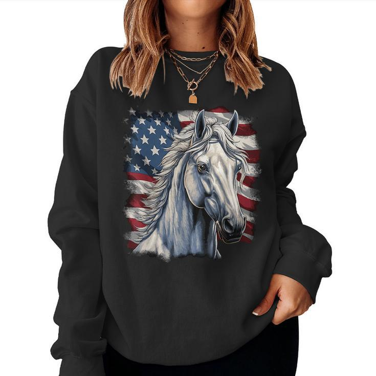 Horse With Usa Flag Horseback Riding Equestrian Women Sweatshirt