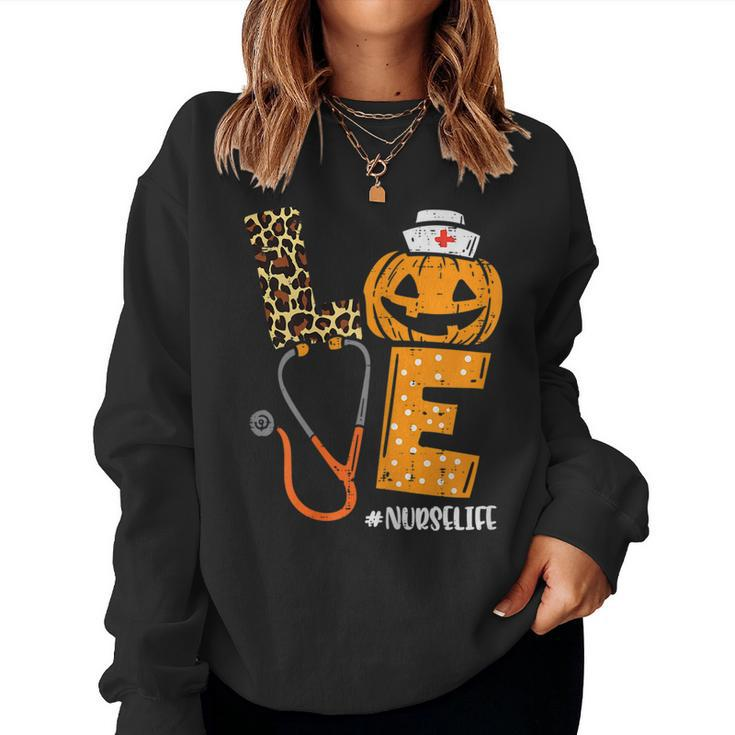 Love Nurse Life Pumpkin Leopard Fall Halloween Nurses Women Women Sweatshirt