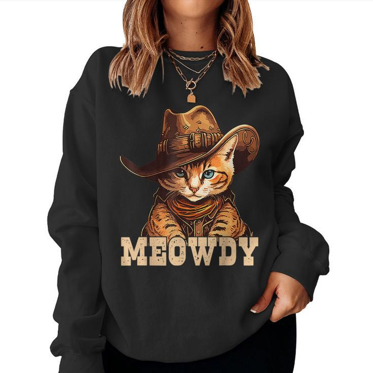 Meowdy Funny Country Music Cat Cowboy Hat Men Women  Women Crewneck Graphic Sweatshirt