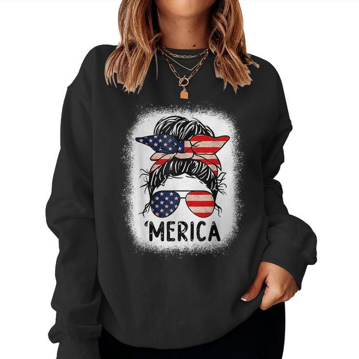 Merica 4Th Of July Women Girls Mom American Flag Us Bleached  Women Crewneck Graphic Sweatshirt