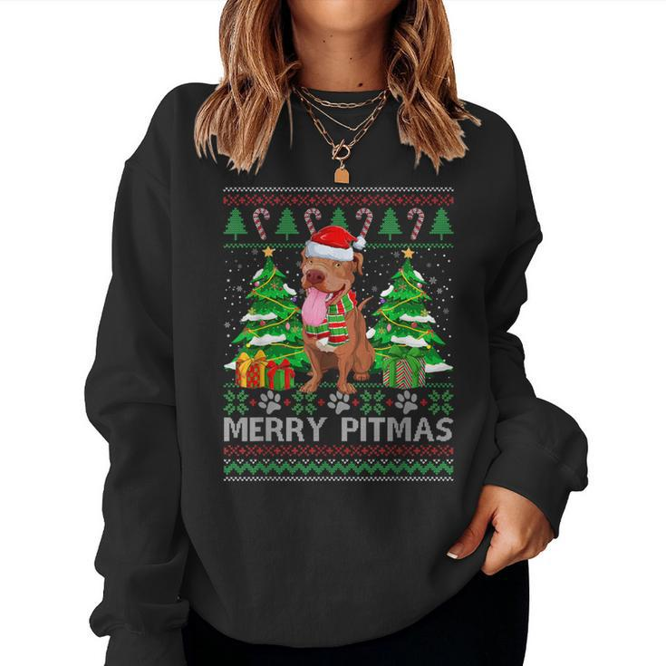 Merry Pitmas Santa Pitbull Dog Xmas Ugly Christmas Sweater Women Sweatshirt