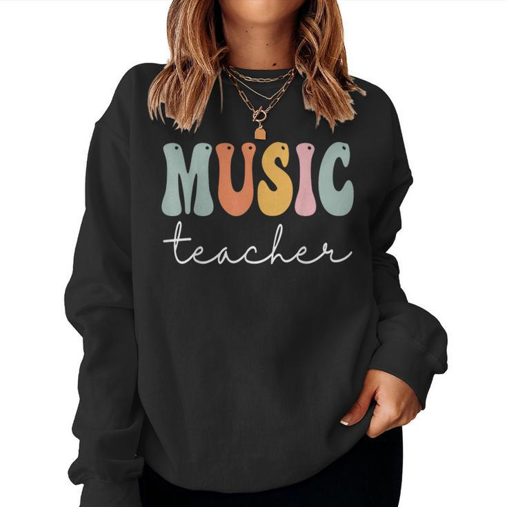 Music Teacher Retro Groovy Vintage Happy First Day Of School Women Crewneck Graphic Sweatshirt