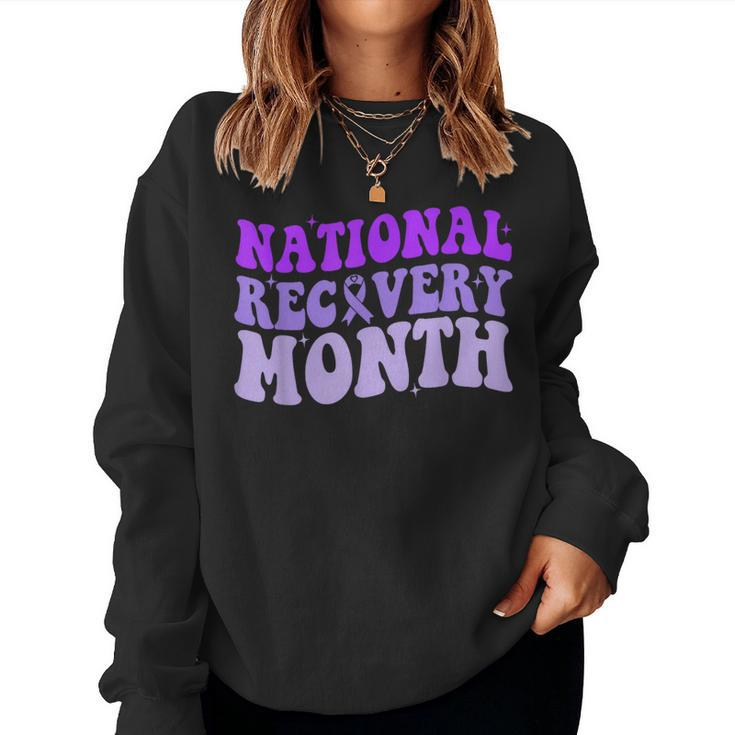 National Recovery Month Groovy Purple Ribbon Recovery Women Sweatshirt