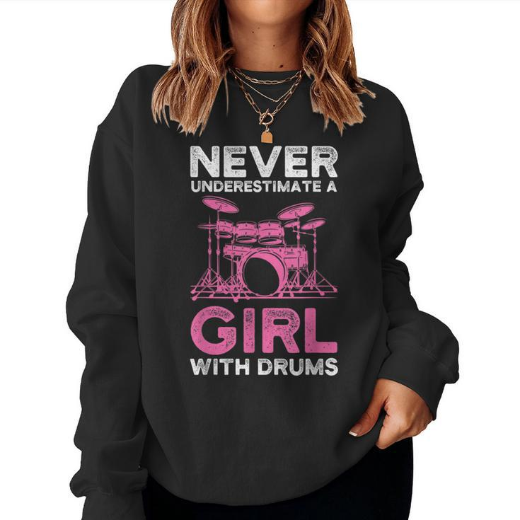 Never Underestimate A Girl With Drums Funny Girls Drummer Women Crewneck Graphic Sweatshirt