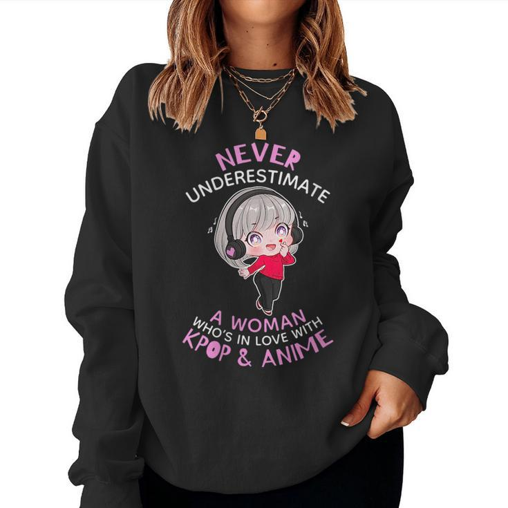 Never Underestimate A Woman In Love With Kpop And Anime Gift For Womens Women Crewneck Graphic Sweatshirt