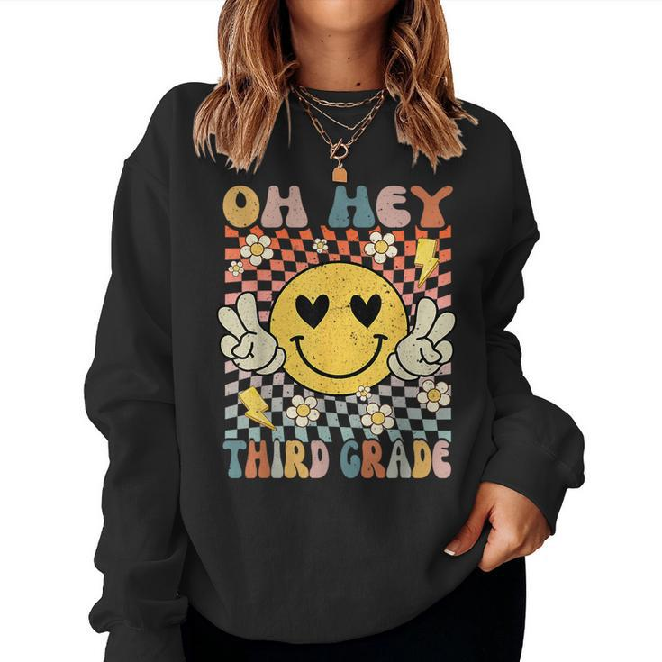 Oh Hey 3Rd Grade Smile Retro Face Back To School Teacher  Women Crewneck Graphic Sweatshirt