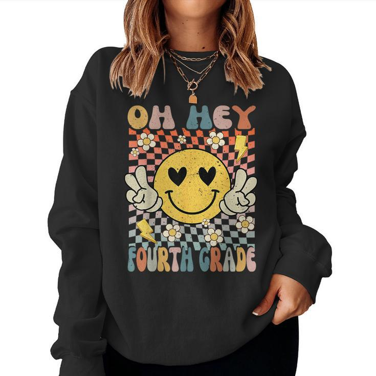 Oh Hey 4Th Grade Smile Retro Face Back To School Teacher  Women Crewneck Graphic Sweatshirt
