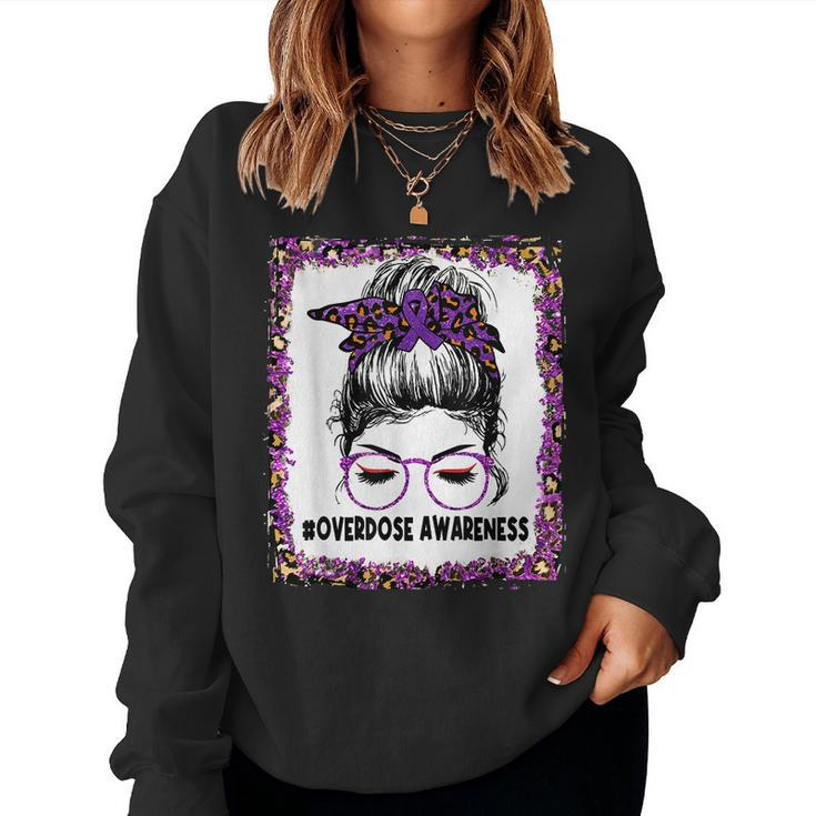Overdose Awareness Wear Purple Leopard Messy Bun Women Sweatshirt