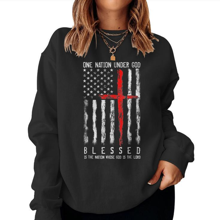 Patriotic Christian Blessed One Nation Under God 4Th Of July  Women Crewneck Graphic Sweatshirt