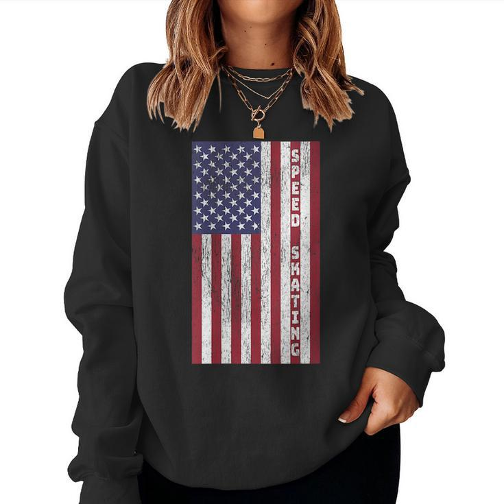 Patriotic Speed Skating - Retro American Flag Graphic Patriotic Women Sweatshirt