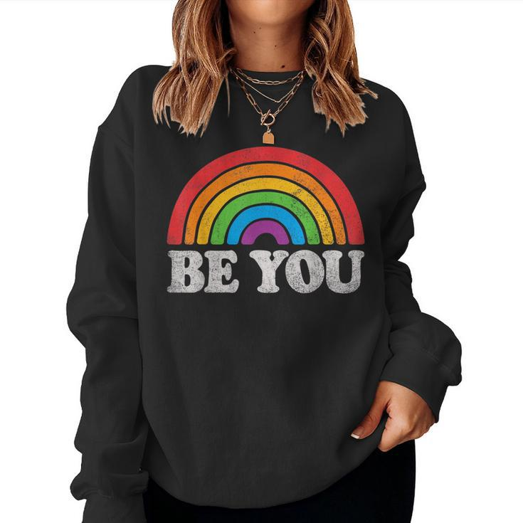 Be You Pride Lgbtq Gay Lgbt Ally Rainbow Flag Retro Galaxy Women Sweatshirt