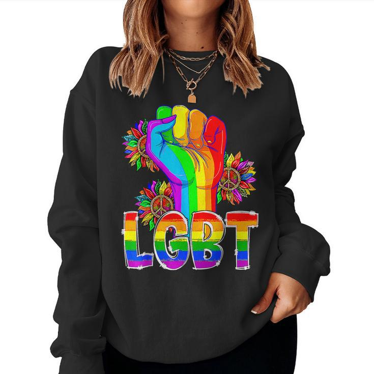 Proud Rainbow Hand Fist Lgbt Rainbow Sunflower Pride Month Women Sweatshirt
