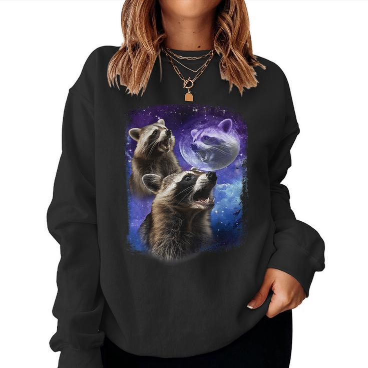Racoons Howling At The Moon Three Racoon Meme Vintage Women Sweatshirt
