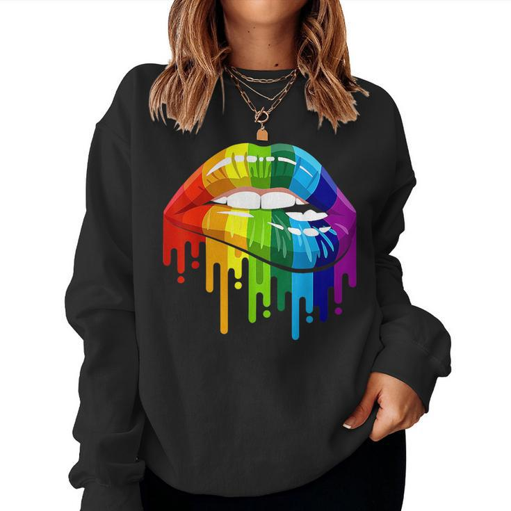 Rainbow Flag Lgbtq Be You Gay Lesbian Pride Bite Your Lip  Women Crewneck Graphic Sweatshirt