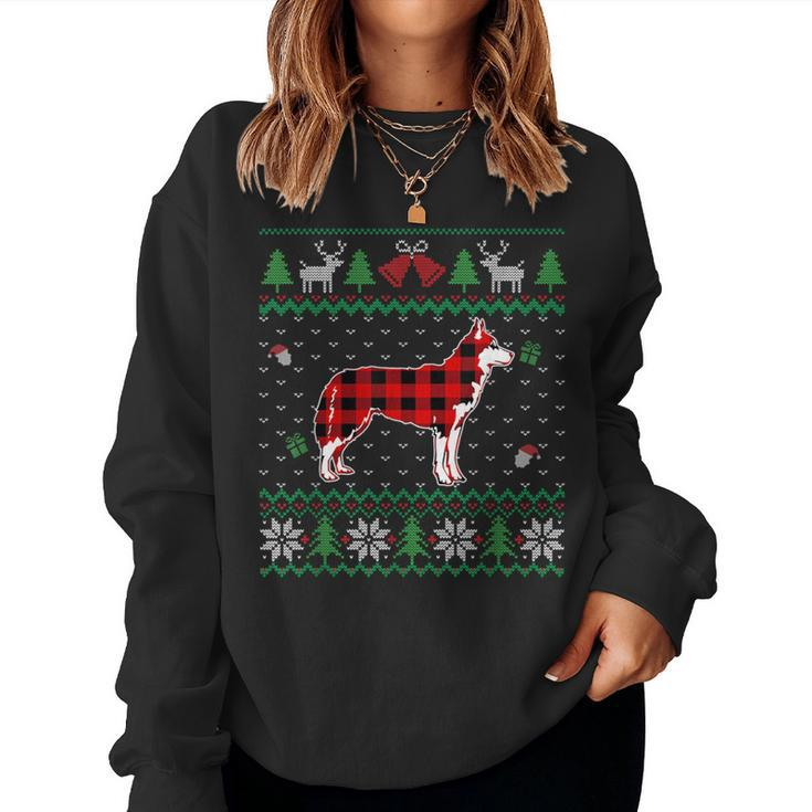 Red Plaid Siberian Husky Dog Ugly Christmas Sweater Women Sweatshirt