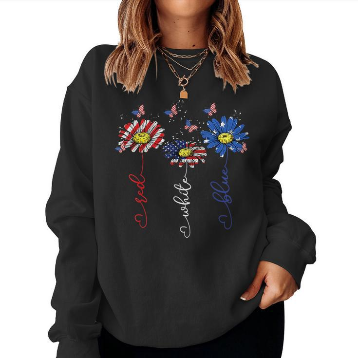 Red White Blue Daisy Butterfly Usa Flag 4Th Of July Women Sweatshirt