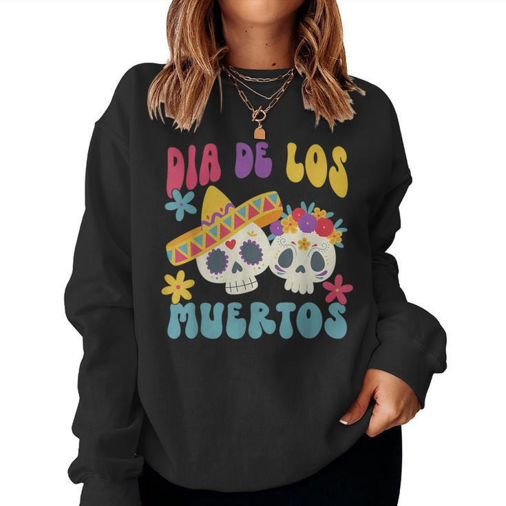 Retro Groovy Dia De Los Muertos Sugar Skull Day Of The Dead Women Sweatshirt