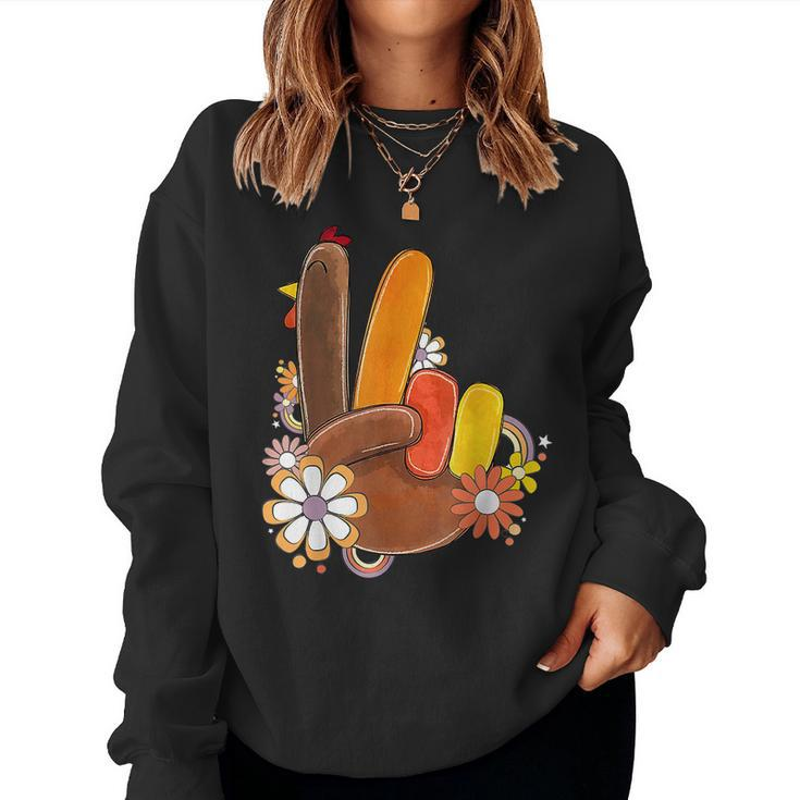 Retro Groovy Peace Turkey Grateful Hand Sign Thanksgiving Women Sweatshirt