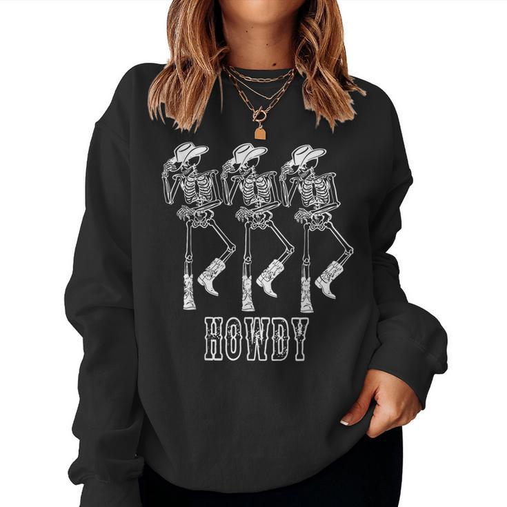 Retro Howdy Skeleton Cowgirl Dancing Cowboy Boots Horse Women Sweatshirt