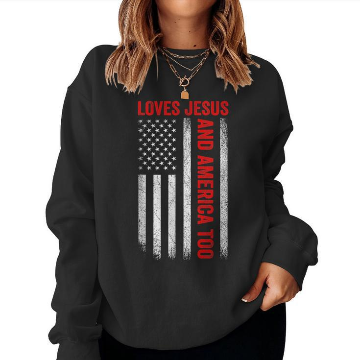 Retro Loves Jesus And America Too American Flag 4Th Of July Women Sweatshirt