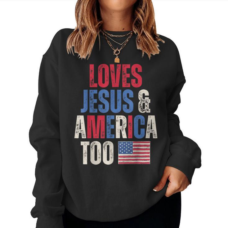 Retro Loves Jesus And America Too Christian American Flag Women Sweatshirt