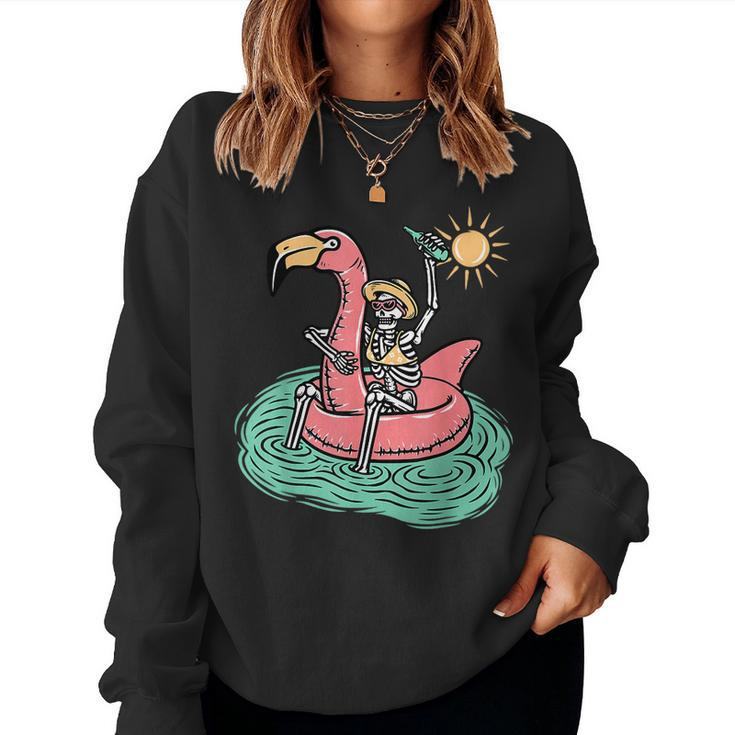 Retro Summer Skeleton Flamingo Float Vacation Beach Drink Women Sweatshirt