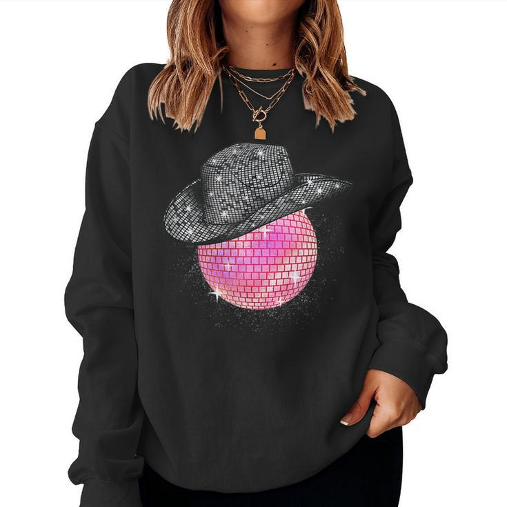 Rhinestone Cowgirl Pink Disco Ball Wearing Cowboy Hat Retro Women Sweatshirt