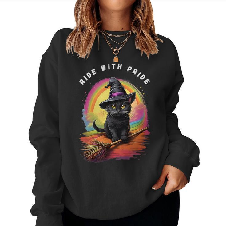 Ride With Pride Queer Witchy Lgbt Rainbow Cat Meme Halloween Women Sweatshirt