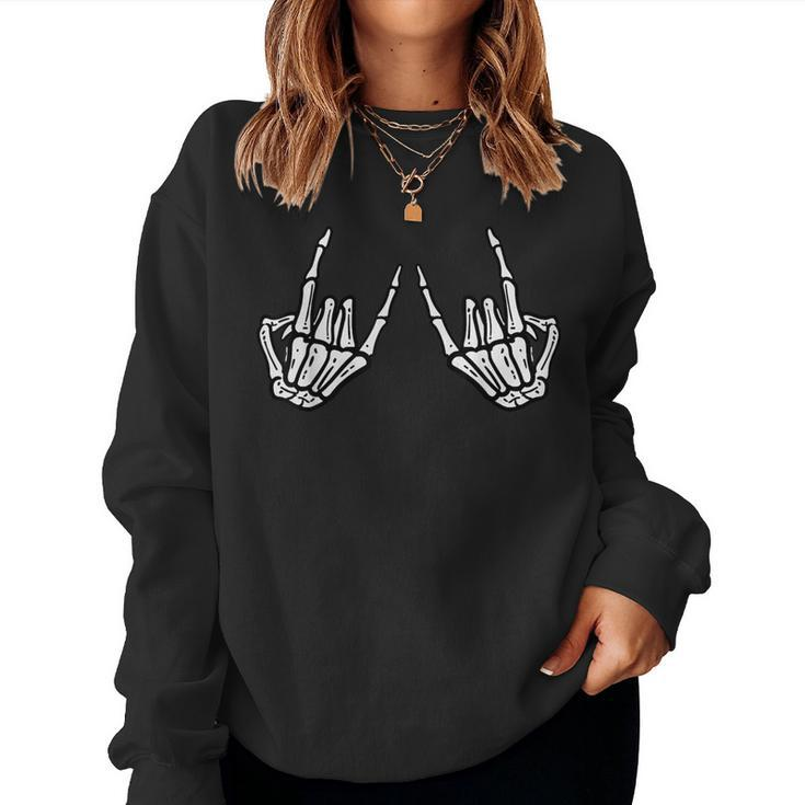 Rocker Hand Sign Rock Skeleton Retro Halloween Women Sweatshirt