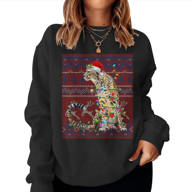 Santa Cheetah Christmas Tree Lights Ugly Sweater Pajama Women Sweatshirt