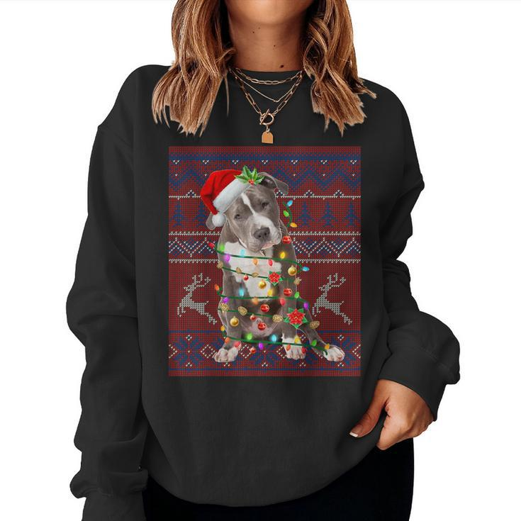 Santa Pitbull Christmas Tree Lights Ugly Sweater Pajama Women Sweatshirt