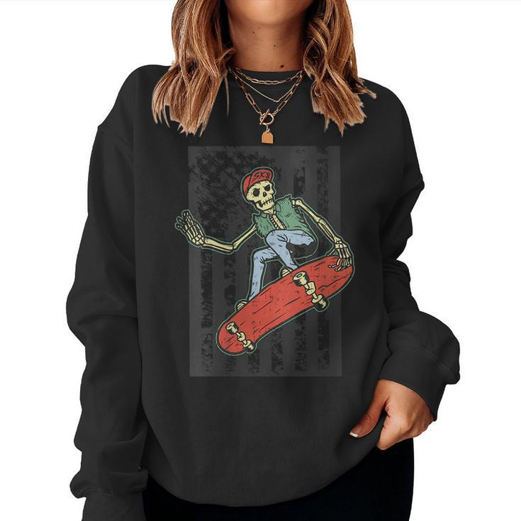 Skateboard Skateboarder Vintage American Flag Skeleton Women Sweatshirt
