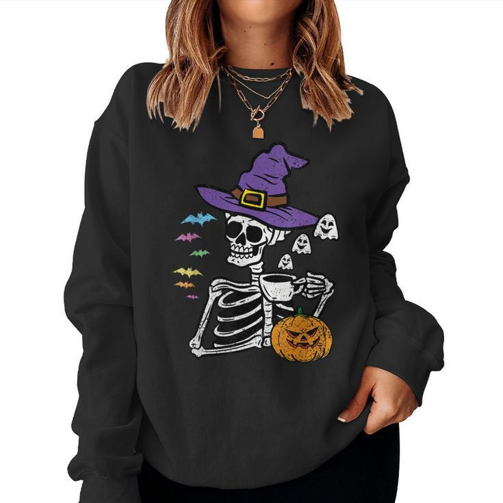 Skeleton Drinking Coffee Halloween Costume Pumpkin Ghost Women Sweatshirt