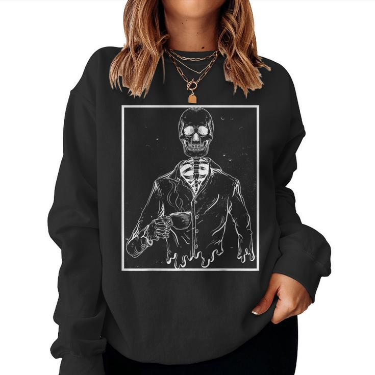 Skeleton Vintage Picture With Smiling Skull Drinking Coffee Women Sweatshirt