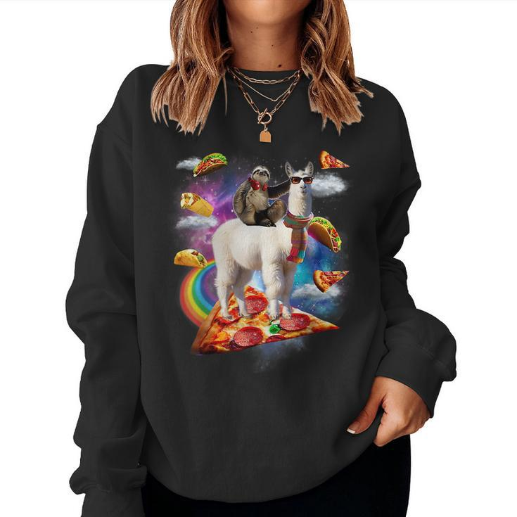 Sloth Riding Llama  - Galaxy Pizza Taco Burrito Gift  Women Crewneck Graphic Sweatshirt