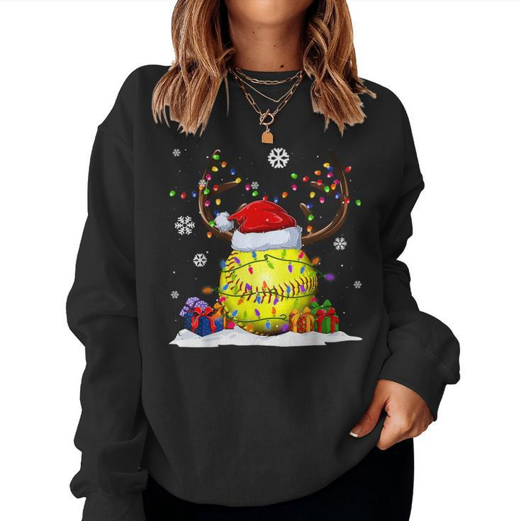 Softball Lovers Reindeer Santa Hat Ugly Christmas Sweater Women Sweatshirt
